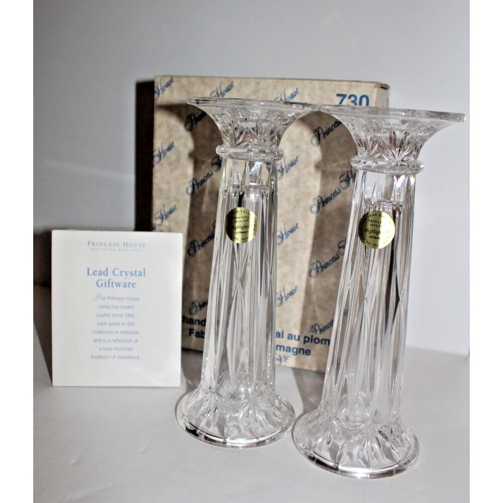 Princess House Highlights Crystal Candlestick Holders Pair 7.5" #730 Germany Box